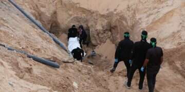 Hamas terrorists carry a dead body during a search for deceased hostages seized by Hamas during the October 7, 2023, attack on Israel, amid a ceasefire between Israel and Hamas, in Khan Younis, southern Gaza Strip, October 28, 2025 Behind the scenes of history