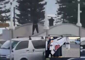 The scene of the shooting at Bondi Beach on Dec. 14, 2025 (inste: a bloodied prayer shawl) Mass shooting reported in Bondi Beach on first night of Hanukkah