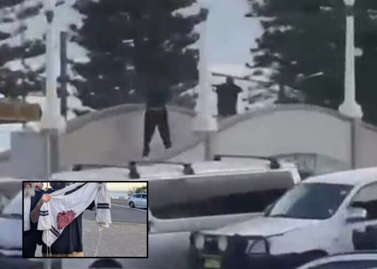 The scene of the shooting at Bondi Beach on Dec. 14, 2025 (inste: a bloodied prayer shawl) Mass shooting at Bondi Beach during Hanukkah candle lighting