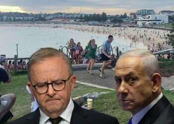 Background: beach-goers fleeing Bondi Beach after gunmen opened fire (Front: PM Netanyahu and Albanese) Netanyahu: Australia enabled Hanukkah 'antisemitism cancer'