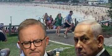 Background: beach-goers fleeing Bondi Beach after gunmen opened fire (Front: PM Netanyahu and Albanese) Netanyahu: Australia enabled Hanukkah 'antisemitism cancer'