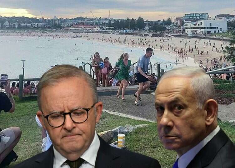 Background: beach-goers fleeing Bondi Beach after gunmen opened fire (Front: PM Netanyahu and Albanese) Netanyahu: Australia enabled Hanukkah 'antisemitism cancer'