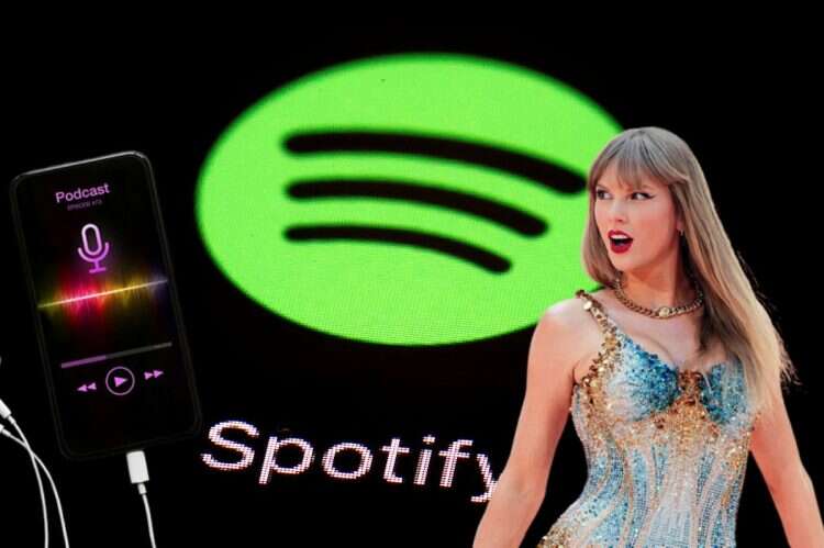 Taylor Swift performs at Wembley Stadium in 2024 (Background: Spotify)