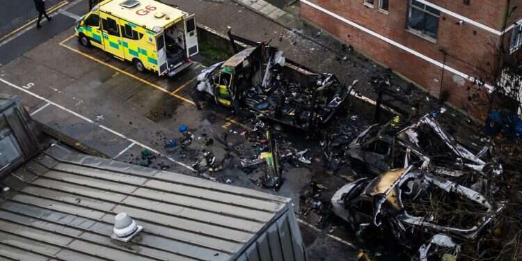 Four Hatzala ambulances were set on fire next to Machzike Hadath Synagogue, on March 23, 2026 in the Golders Green area of London, England (Photo: Leon Neal/Getty Images) London police arrest 2 in Iran-backed synagogue attack