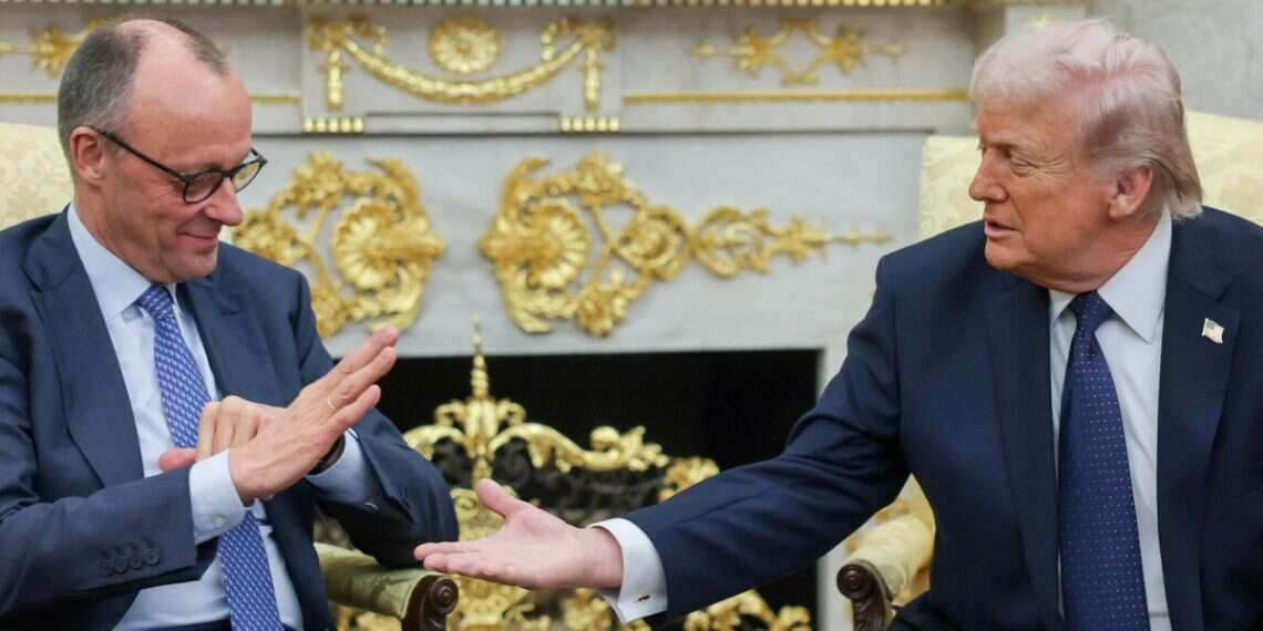 US President Donald Trump and German Chancellor Friedrich Merz reach to shake hands as they meet in the Oval Office at the White House in Washington, D.C., US, March 3, 2026 THE LATEST: 12 wounded, one moderately, in latest barrage on central Israel