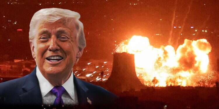 Trump with explosions in the background in Iran. Photo: AFP Report: Trump weighs ending war without reopening Strait of Hormuz