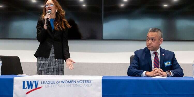 Maureen Galindo, (L), and Johnny Garcia, candidates for US House District 35, participate in a forum held by the League of Women Voters of the San Antonio Area in the Sidney Board Room at Brooks in San Antonio on May 6, 2026 Texas Democratic hopeful vows 'internment camp for American Zionists,' castration center
