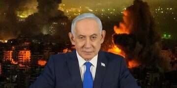 Netanyahu against the backdrop of a burning Iran. Photo: GPO/AP Netanyahu against the backdrop of a burning Iran
