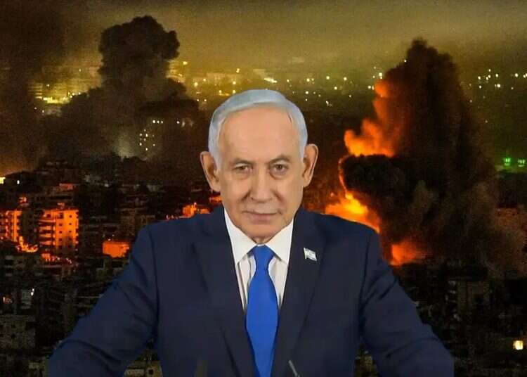 Netanyahu against the backdrop of a burning Iran. Photo: GPO/AP Netanyahu against the backdrop of a burning Iran