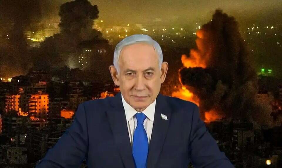Netanyahu against the backdrop of a burning Iran. Photo: GPO/AP Netanyahu against the backdrop of a burning Iran