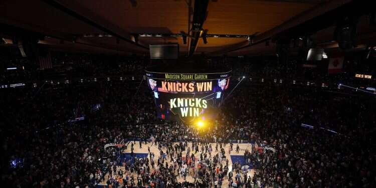 The New York Knicks celebrate their 107-106 victory against the San Antonio Spurs in Game Four of the 2026 NBA Finals on June 10, 2026 in New York City Historic comeback: Knicks on the brink of NBA title
