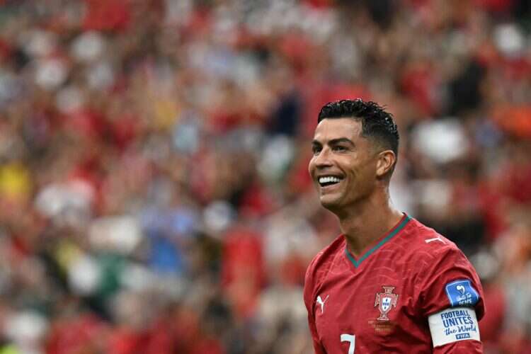 Portugal's forward Cristiano Ronaldo reacts to his team's fourth goal during the 2026 World Cup Group K football match between Portugal and Uzbekistan at the Houston Stadium in Houston on June 23, 2026