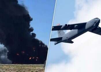 Crash site in California and the B-52 bomber. Photo: AP, via X US B-52 bomber crashes in California