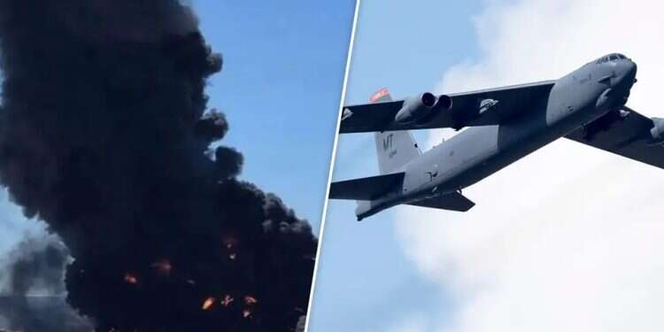 Crash site in California and the B-52 bomber. Photo: AP, via X US B-52 bomber crashes in California