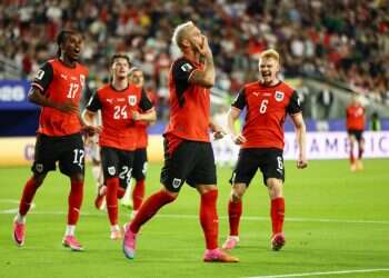 Austria's Marko Arnautovic celebrates scoring their third goal during the match between Austria and Jordan at San Francisco Bay Area Stadium, Santa Clara, California, US, June 16, 2026 Jordan scores first World Cup goal but loses 3–1 to Austria
