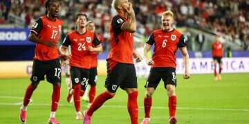 Austria's Marko Arnautovic celebrates scoring their third goal during the match between Austria and Jordan at San Francisco Bay Area Stadium, Santa Clara, California, US, June 16, 2026 Jordan scores first World Cup goal but loses 3–1 to Austria