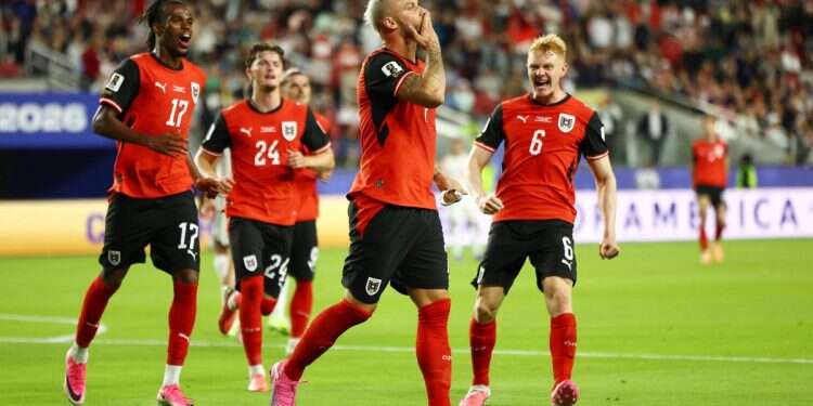 Austria's Marko Arnautovic celebrates scoring their third goal during the match between Austria and Jordan at San Francisco Bay Area Stadium, Santa Clara, California, US, June 16, 2026 Jordan scores first World Cup goal but loses 3–1 to Austria