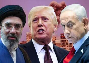US President Donald Trump, Iran’s Supreme Leader Ali Khamenei and Prime Minister Benjamin Netanyahu, against a backdrop of uranium barrels. Photo: Reuters, Oren Ben Hakoon IDF prepares for possible fire from Iran at Israel