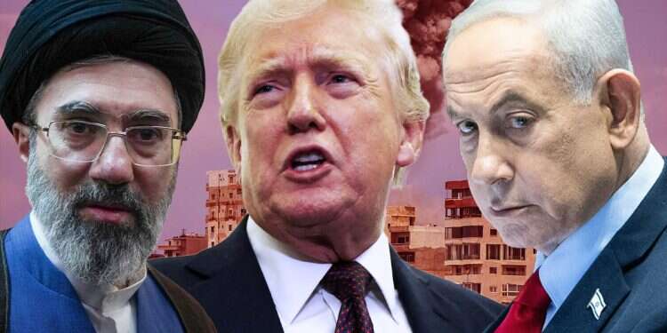 US President Donald Trump, Iran’s Supreme Leader Ali Khamenei and Prime Minister Benjamin Netanyahu, against a backdrop of uranium barrels. Photo: Reuters, Oren Ben Hakoon IDF prepares for possible fire from Iran at Israel