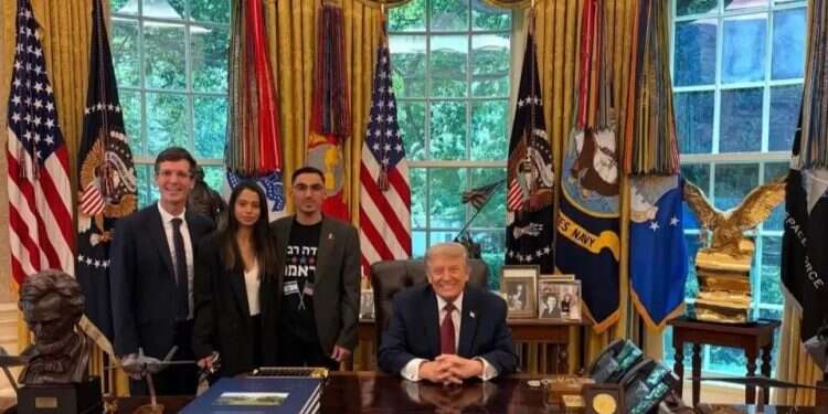 Rom Braslavski with President Trump. Photo: From Martin Marks’ Instagram page; credit: Ariella Novak. Trump hosts hostage survivor Rom Braslavski at White House