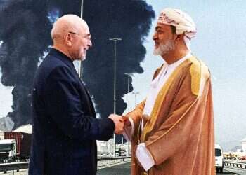 Oman's Sultan Haitham bin Tarik (R) receiving Iranian Parliament Speaker and chief negotiator Mohammad Bagher Ghalibaf in Muscat on June 23, 2026. Photo: AFP, Reuters Gulf states split over how to end war with Iran
