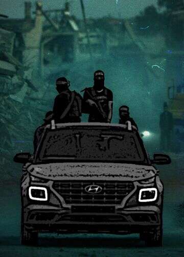 Hamas terrorists against the backdrop of destruction in Gaza