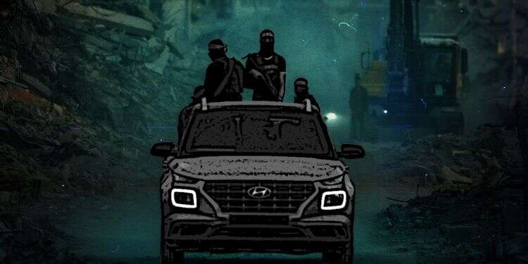 Hamas terrorists against the backdrop of destruction in Gaza