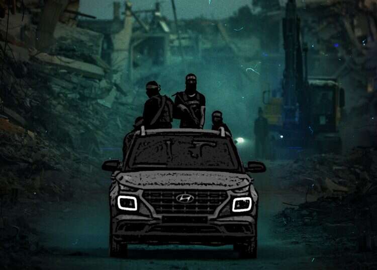 Hamas terrorists against the backdrop of destruction in Gaza