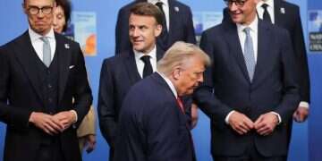 Trump alongside Macron at the NATO summit. Photo: Reuters Trump presses NATO on spending as summit opens in Turkey