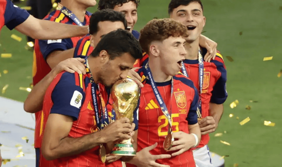 Rodri #16 of Spain kisses the FIFA World Cup trophy Terror groups praise Spain's World Cup victory over Argentina