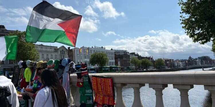 Palestinian flags fly in Dublin, Ireland. Photo: Avital Frid Pro-Palestinian threats force cancellation of Dublin tech event over alleged 'Zionist spies'