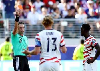 Referee Raphael Claus sends off Folarin Balogun. Photo: Reuters Dramatic suspicions of match-fixing at 2026 World Cup