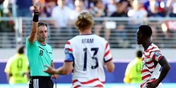 Referee Raphael Claus sends off Folarin Balogun. Photo: Reuters Dramatic suspicions of match-fixing at 2026 World Cup