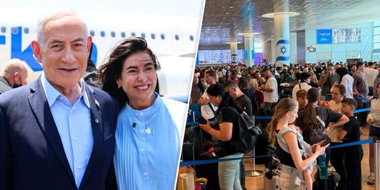 Prime Minister Benjamin Netanyahu touring Ben-Gurion Airport (right: the chaos on August 20, 2026) Ben Gurion flights resume; Netanyahu vows tough response to more job action