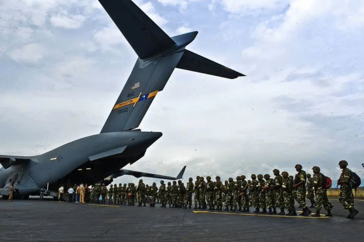 Burundian army soldiers en route to a peacekeeping mission in the Central African Republic