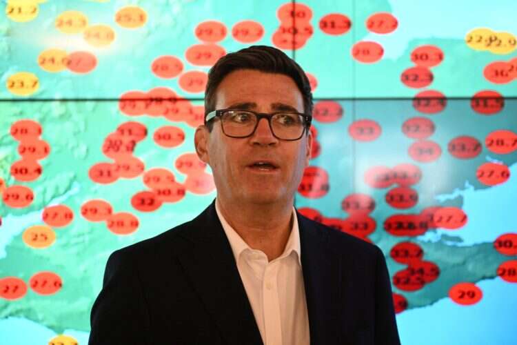Prime Minister Andy Burnham speaks to staff at the met office during a visit on August 14, 2026 in Exeter, United Kingdom