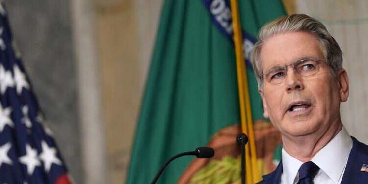 Treasury Secretary Scott Bessent speaks at a news conference, Monday, Aug. 24, 2026, at the Treasury Department in Washington US threatens to sever Iran's trade partners from dollar