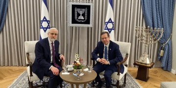 Israeli President Isaac Herzog (R) and Rabbi Moshe Hauer, former leader of the OU organization Orthodox Union rebuilds leadership after death of Rabbi Moshe Hauer