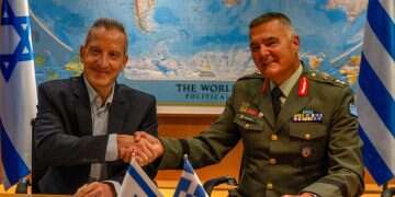 Director General of the Israel Ministry of Defense (IMOD), Maj. Gen. (Res.) Amir Baram (L), and his Greek counterpart, Ioannis Bouras (R), sign a €3 billion defense export agreement Israel, Greece finalize €3 billion defense system agreement