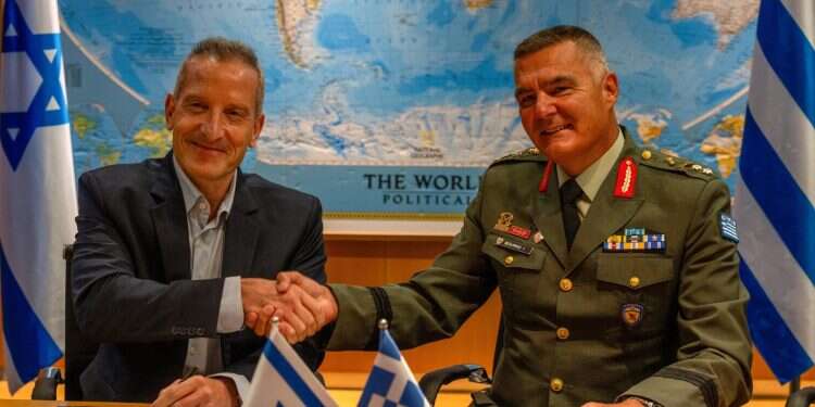 Director General of the Israel Ministry of Defense (IMOD), Maj. Gen. (Res.) Amir Baram (L), and his Greek counterpart, Ioannis Bouras (R), sign a €3 billion defense export agreement Israel, Greece finalize €3 billion defense system agreement