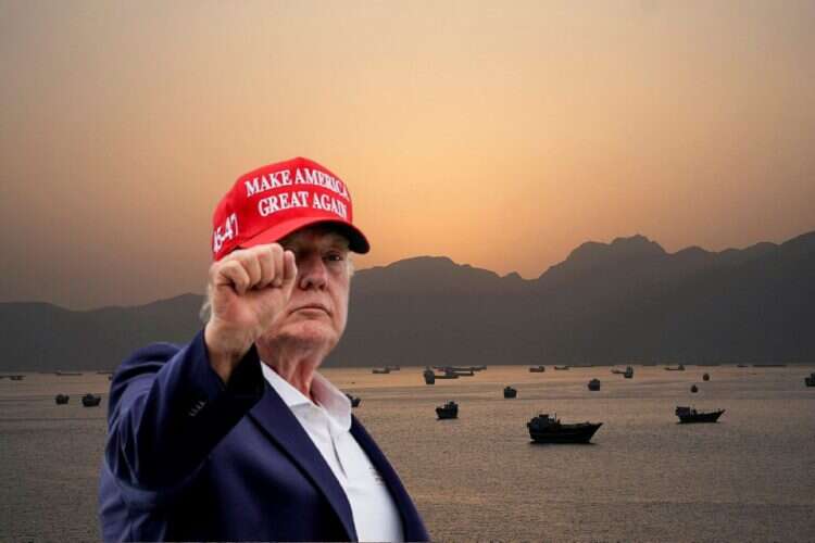 President Donald Trump against the backdrop of the Strait of Hormuz