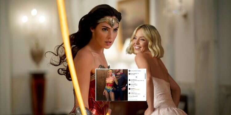 Sydney Sweeney against the backdrop of Gal Gadot playing Wonder Woman (Inset: the viral post) Sydney Sweeney steps into Wonder Woman's boots; fans go wild