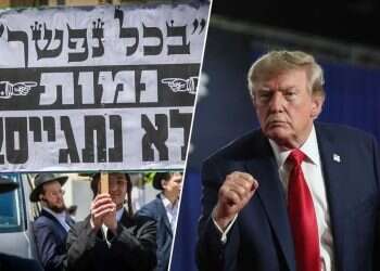 President Donald Trump alongside a haredi protest against the military draft. Photos: Oren Ben Hakoon, AFP Trump expected to meet leader of anti-Zionist haredi movement