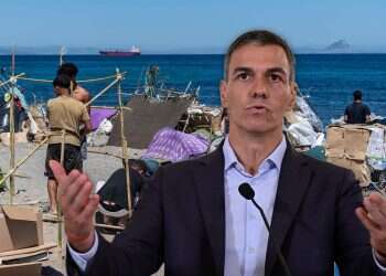 Spanish Prime Minister Pedro Sanchez against the backdrop of the beach in Ceuta, Spain Sanchez blames Israel, Russia for 'disinformation' over Ceuta migrant crisis