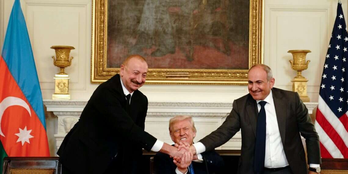 Azerbaijan's President Ilham Aliyev, US President Donald Trump, and Armenia's Prime Minister Nikol Pashinyan join hands during a signing ceremony in the State Dining Room of the White House in Washington, DC, USA, 8 August 202 Armenia is the missing piece in the Eastern Mediterranean