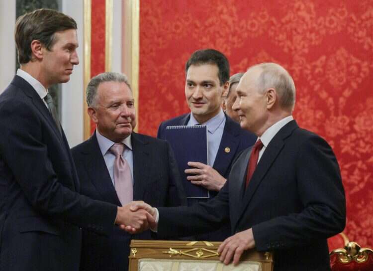 Russian President Vladimir Putin (R) welcomes Trump's son-in-law Jared Kushner (L) and US Presidential Envoy Steve Witkoff (2-L) during their meeting at the Kremlin in Moscow, Russia, 05 September 2026.  EPA/GAVRIIL GRIGOROV