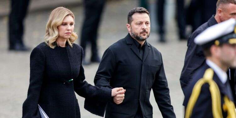 Ukrainian President Volodymyr Zelensky and First Lady Olena Zelenska depart as the coffin Norway's King Harald V is carried from Oslo Cathedral to Akershus Fortress following the funeral, in Oslo, Norway, 09 September 2026. Moldova's airspace closed as Zelenskyy's plane nearly struck by Russian drone
