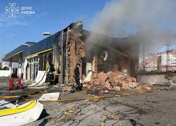 A handout photo made available by the State Emergency Service (SES) shows Ukrainian rescuers working at the site of a Russian drone strike on a gas station in Kyiv, Ukraine, 11 September 2026, amid the ongoing Russian invasion. At least five people were injured in Russian strikes on gas stations in Kyiv, according to a State Emergency Service report. Russia is mass-producing cheap jet-powered weapons faster than Ukraine or the US