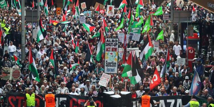Demonstrators march through the central business district (CBD) during an anti-Israel rally on August 24, 2025 in Sydney, Australia University of Sydney lets group run on 'globalize the Intifada'