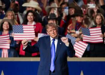 US President Donald Trump gestures after his speech during the Republican National Midterm Convention in Dallas, Texas, September 9, 2026. Trump pledges Americans $5,000 if GOP wins midterms
